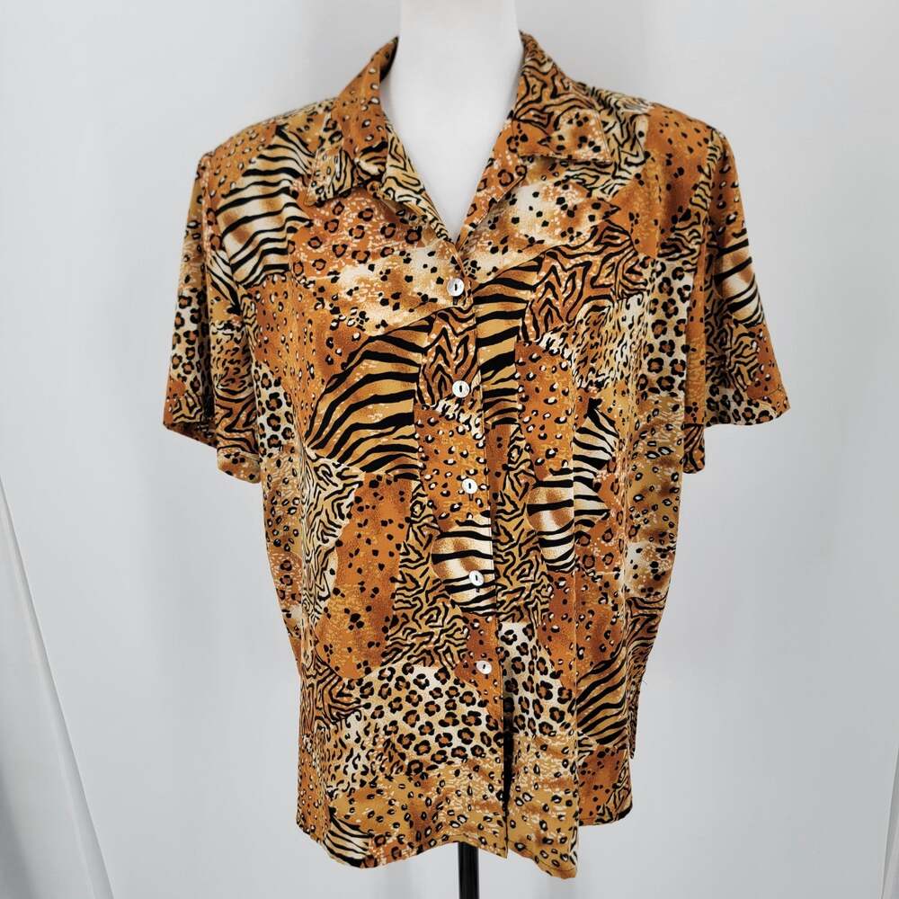 Impressions Blouse Womens L Animal Print Button-Up Short Sleeve Vintage
